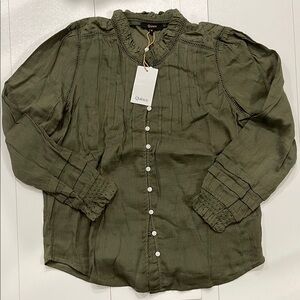 Quince Olive Green Ruffle-Trim Button Front Blouse